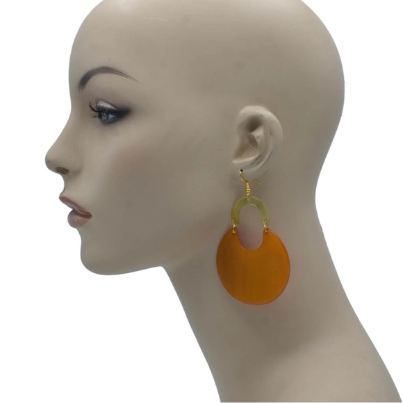 Gold Orange Marbled Resin Drop Earrings - Picture 2 of 3